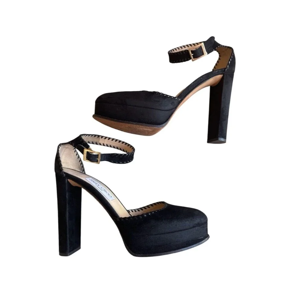 JIMMY CHOO Daphne 120 Pumps Black Whipstitch Suede Platform Heels 39.5